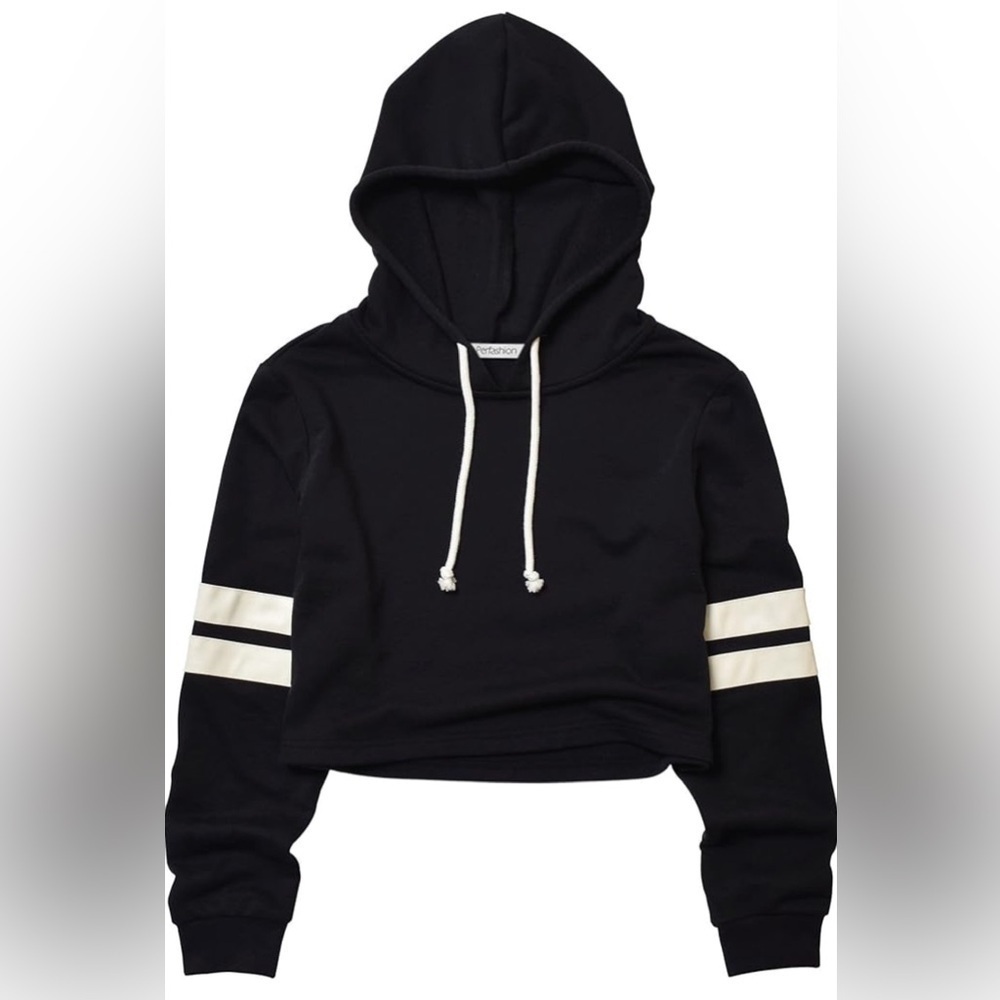 Black Cropped Hoodie with White Stripes